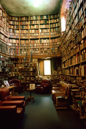 college library with rows of bookshelves, created with generative aiの素材