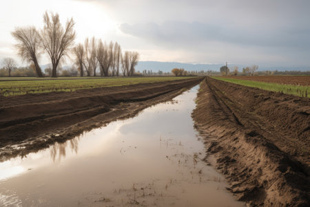 farm field with runoff from recent rain storm, rivers and streams visible in the background, created with generative aiの素材