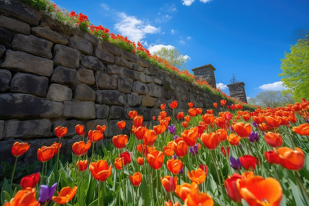 walls of tulips, in vivid colors and shades, against a blue sky, created with generative aiの素材