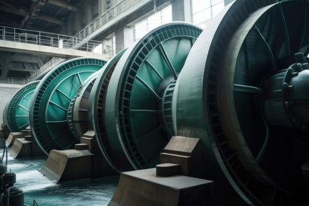 close-up of the spinning blades on a hydroelectric power plant, created with generative aiの素材
