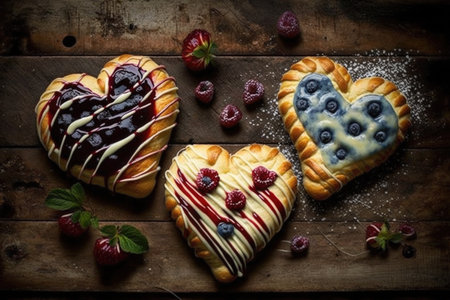 heart-shaped danishes with red cherry or blueberry fillings, created with generative aiの素材
