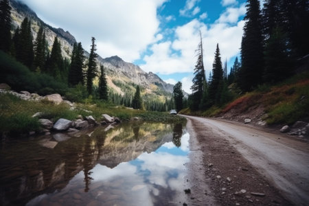 a road trip in the mountains with scenic views and hiking trails, created with generative aiの素材