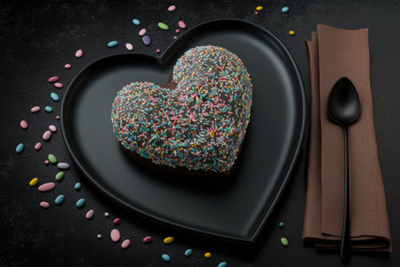 heart-shaped donut on black plate with colorful icing and sprinkles, created with generative aiの素材