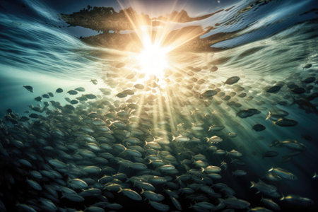 the sun breaking through the surface of the water, illuminating a school of fish, created with generative aiの素材