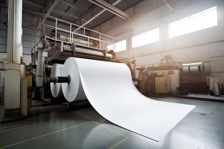 high-tech paper plant, with robotic machines tending to the production process, created with generative aiの素材