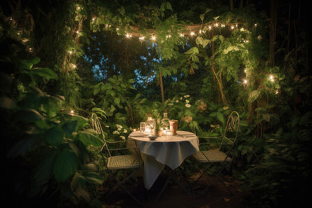 an table for two, surrounded by lush greenery and twinkling lights, created with generative aiの素材