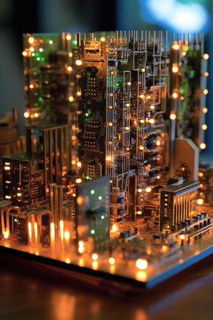 intricate circuit board with led lights, created with generative aiの素材