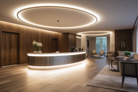 smart lighting solution for hotel lobby, with convenient controls and wireless connectivity, created with generative aiの素材