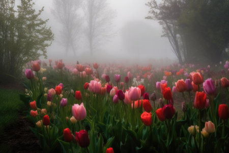 tulips blooming on a misty morning, created with generative aiの素材