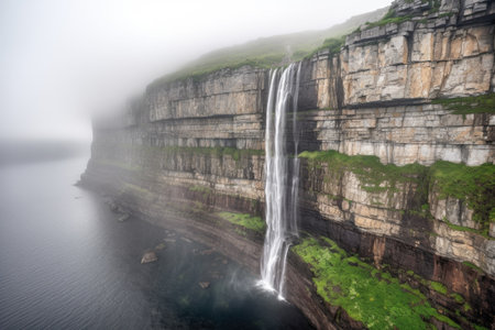 majestic waterfall cascading over rocky cliff face, with mist rising from the water, created with generative aiの素材