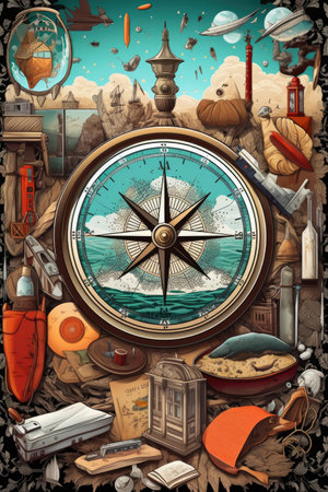 compass surrounded by various travel icons, created with generative aiの素材