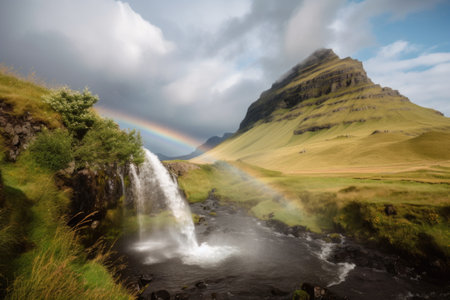 waterfall, with rainbow and clouds in the sky, against scenic mountain backdrop, created with generative aiの素材