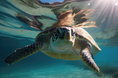 sea turtle swims through crystal-clear water, its shell shining in the sunlight, created with generative aiの素材