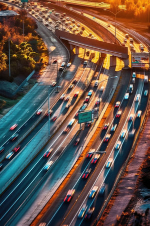 aerial view of a freeway with cars in motion, created with generative aiの素材