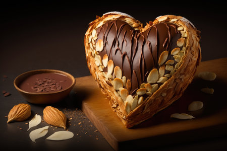 heart-shaped croissant filled with chocolate or almond paste and decorated with heart-shaped sliced almonds, created with generative aiの素材