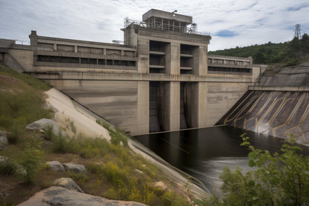 run-of-the-river hydroelectric power plant with diversion dam and reservoir, created with generative ai