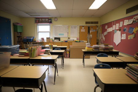 empty classroom filled with books and supplies, ready for the start of a new school year, created with generative aiの素材