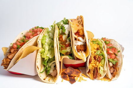 hunger-inducing shot of delicious tacos, burritos, and nachos on white background, created with generative aiの素材