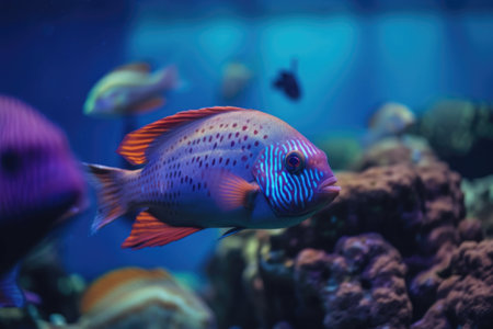 close-up of colorful tropical fish swimming in marine tank, created with generative aiの素材