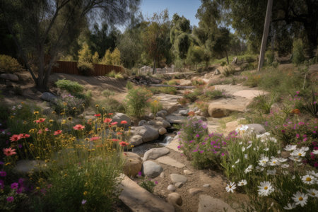 drought-tolerant and native garden with waterfall, surrounded by blooming flowers, created with generative aiの素材