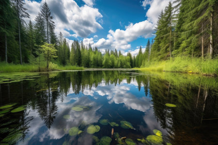 serene lake, with reflections of the sky and clouds, surrounded by forest, created with generative aiの素材