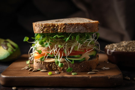 veggie sandwich with hummus, cucumber, and sprouts on multigrain roll, created with generative aiの素材