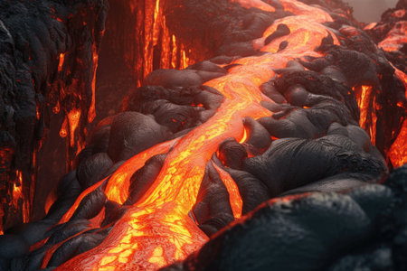 close-up of lava flowing down a volcanos slope, created with generative aiの素材