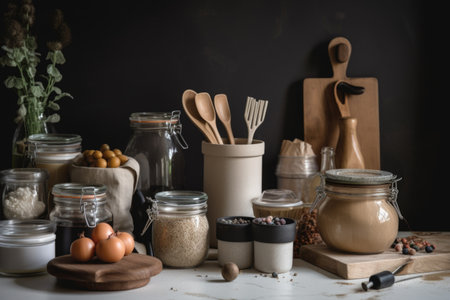zero-waste kitchen with ingredients, tools, and cookware for healthy cooking and dining, created with generative aiの素材