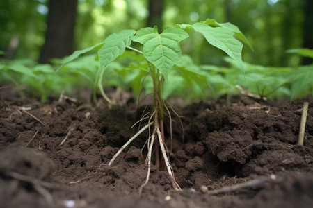 close-up of tree sapling with visible roots growing in rich soil, created with generative aiの素材