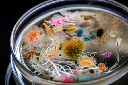 microbial culture growing in petri dish, with magnified view of organisms, created with generative aiの素材