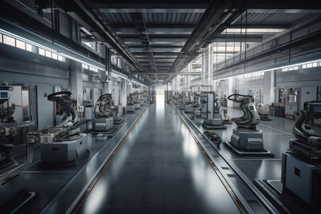 factory floor, with robotic arms and self-driving vehicles working in unison to produce products, created with generative aiの素材