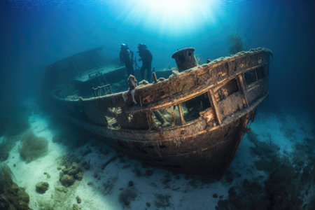 shipwreck divers exploring the depths of the ocean and discovering hidden treasures, created with generative aiの素材