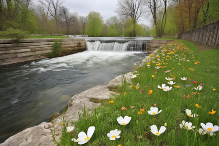 springtime, with flowers blooming and water flowing in the foreground, created with generative aiの素材
