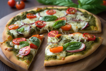 refreshingly light and healthy pizza with fresh ingredients, pesto, and veggies, created with generative aiの素材
