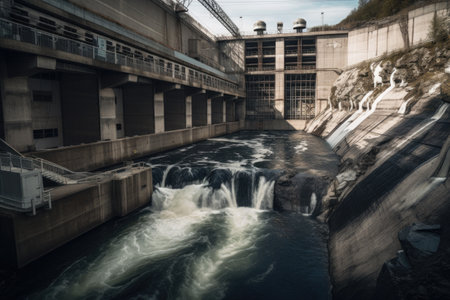 view of hydroelectric power plant, with water rushing through the turbines and into the river below, created with generative aiの素材
