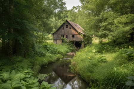 rustic barn with stream, surrounded by lush greenery, created with generative aiの素材