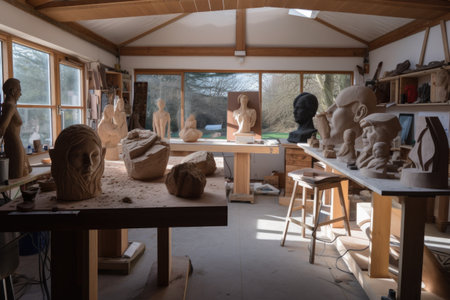 studio, with sculptures in various stages of completion and tools for carving on display, created with generative aiの素材