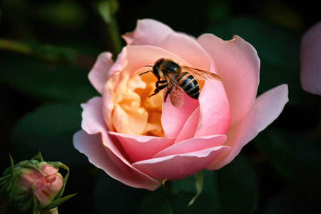 macro shot of bumblebee pollinating rose bloom, created with generative aiの素材