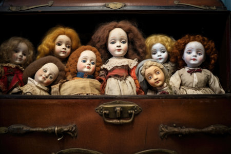 row of antique dolls peeking out of a trunk, created with generative aiの素材