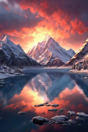 majestic snow-capped mountain range at sunrise, created with generative aiの素材