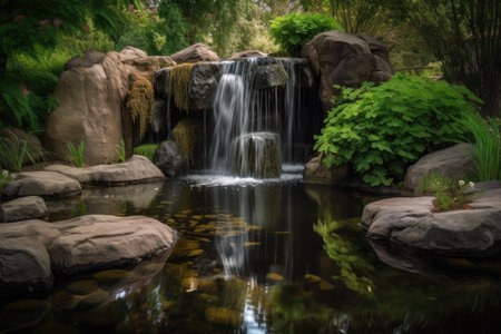 majestic waterfall cascading into tranquil pond, surrounded by greenery, created with generative aiの素材