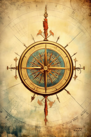 vintage compass pointing north with arrows, created with generative aiの素材