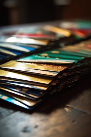 close-up of credit cards fanned out on a table, created with generative aiの素材