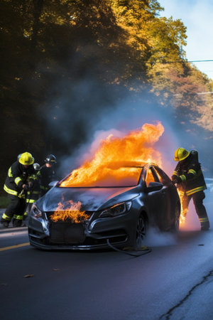 firefighters extinguishing a burning vehicle, created with generative aiの素材