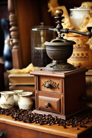 vintage coffee grinder with beans and ground coffee, created with generative aiの素材