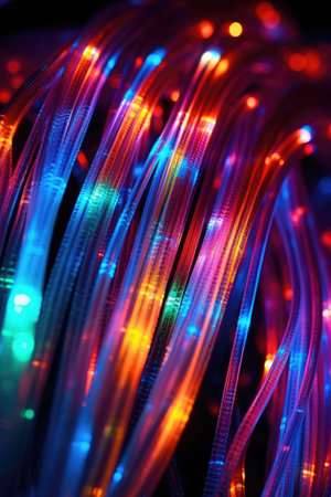 close-up of fiber optic cables glowing in the dark, created with generative aiの素材