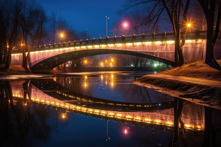 nighttime view of a lit-up bridge and its reflections, created with generative aiの素材