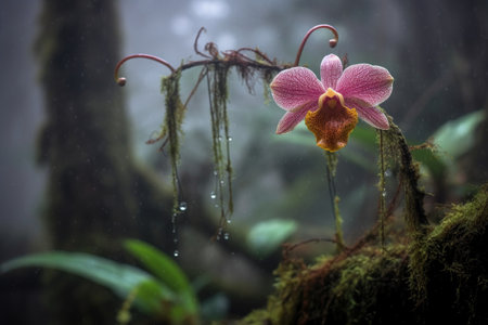 monkey face orchid in a mysterious foggy forest, created with generative aiの素材