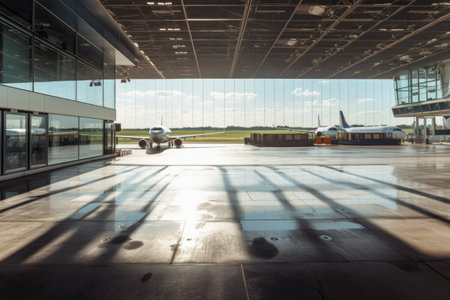 empty airport terminal, with view of planes taking off and landing on the runway, created with generative aiの素材
