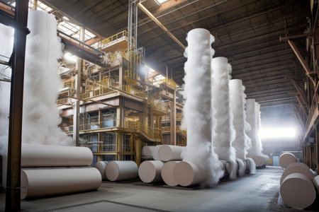 paper mill, towering stacks of raw paper rolls and steam rising, created with generative aiの素材